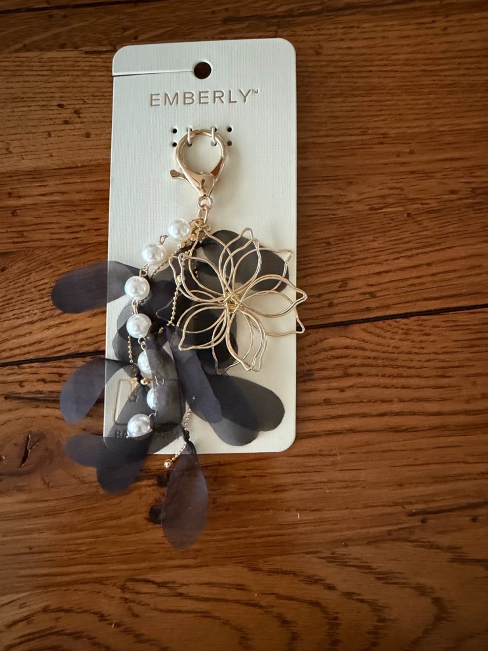 Emberly Gold Floral & Pearl Keychain - Black Petal Accent
